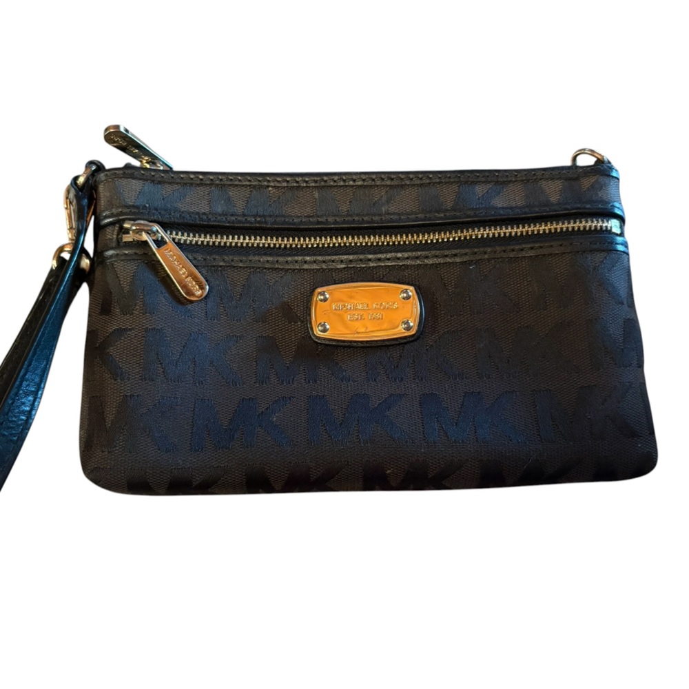 Michael Kors Black and Gold MK Logo Wristlet Clutch